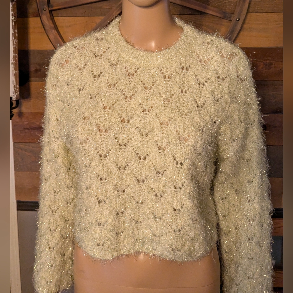 Zara Pale Green w/ Yellow & Black Metallic Threads Cropped Sweater - Picture 3 of 13